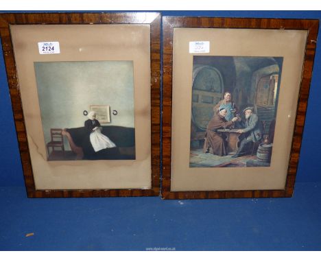 A pair of framed and mounted prints to include: Eduard Von Grutzner "The Wine Tasting", and a interior scene with lady knitti