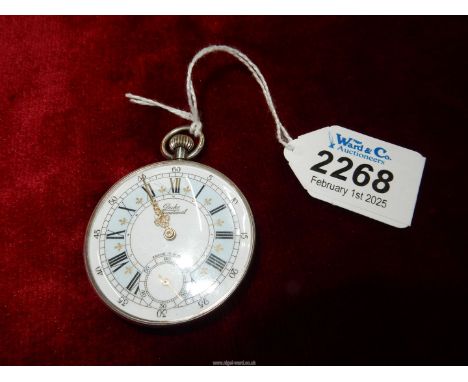 A white metal cased, compact, crown-wound pocket watch, the white face having a pale blue chapter ring with Roman numerals an