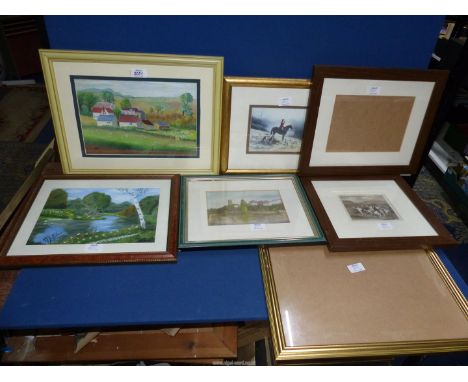 A quantity of pictures to include: a F.C. Turner print "Favourite Hounds", a print of a city on the banks of a river, a hunti