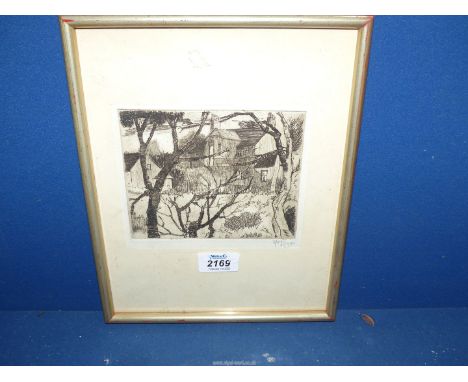 A Robert Hardie Condie (Scottish) etching of a house and landscape, pencil signed.