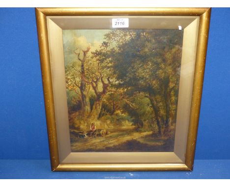 A framed Oil painting depicting a woodsman sat on a tree trunk with his axe and faithful dog by his side in woodland clearing