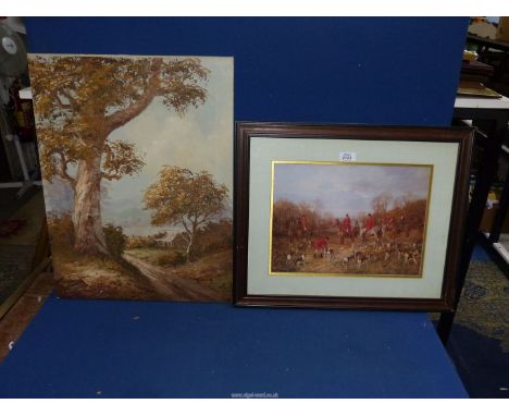 An unframed Oil on canvas depicting a river landscape with a track leading though trees to a dwelling on the river bank, alon