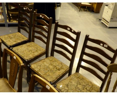 Set of four oak ladder back dining chairs with tapestry seats 