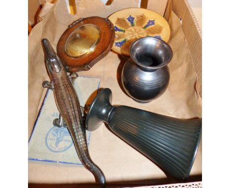 A box of mixed ceramics, barometer and novelty crocodile nut cracker