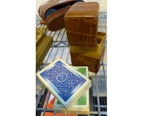 Leather playing card box marked Finnegan Manchester, with two packs of paper secled playing cards marked JP Electrical Engine