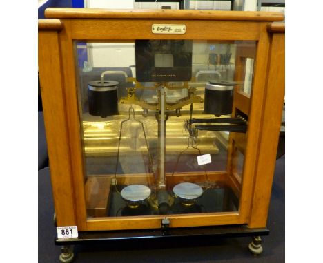 Oertling cased laboratory scales with wooden cased box of weights