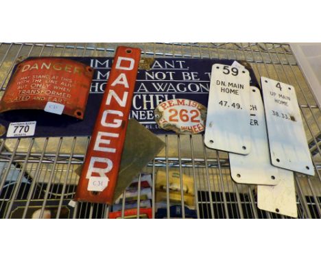 Collection of metal and enamel warning signs and original railway signal box plaques
