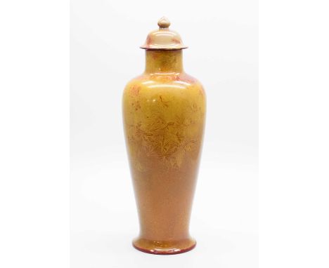 Bernard Moore – Gold and red flambé baluster vase and cover, painted ‘Bernard Moore’ to the base, 27cm high overall