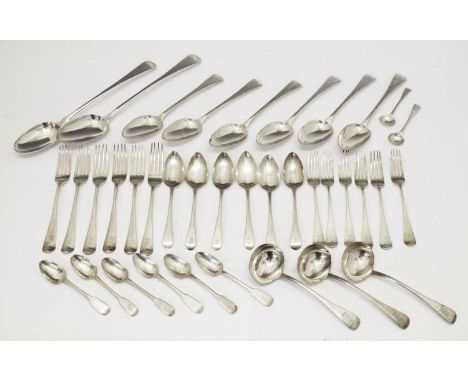 Assortment of George III and later silver flatware comprising; six Hanoverian pattern table forks, two being London 1798, spo