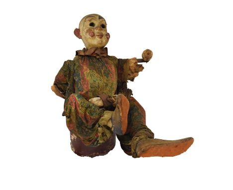 Early 20th Century laughing clown automaton figure, with composition head, printed cotton costume and felt shoes, on cylindri