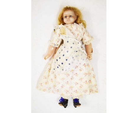 19th Century wax shoulder head doll, attributed to Pierotti, the moulded head turned slightly to the right, with inserted blu
