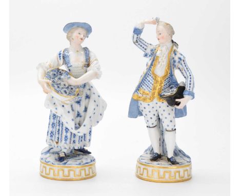 Pair of late 19th or early 20th Century Meissen figures of a gallant and his companion, both modelled in 18th Century dress, 