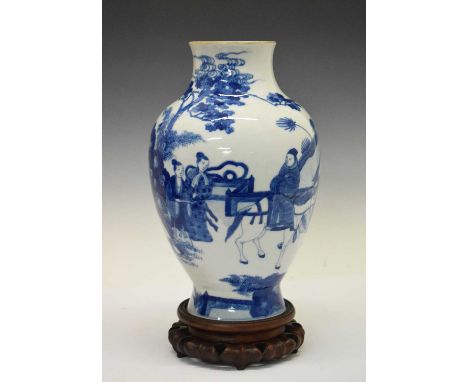 Chinese blue and white porcelain baluster or meiping vase, decorated in underglaze blue with figures and a horse in a landsca