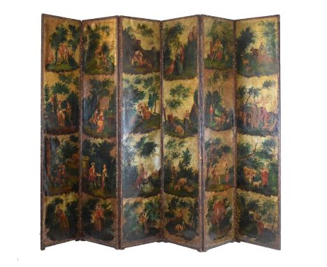 19th Century painted leather six-fold screen or room divider, decorated in the Watteauesque tradition with scenes of lovers i