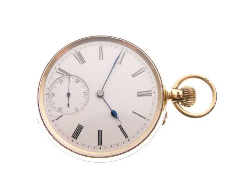 James Usher &amp; Son, Lincoln, 18ct gold cased open faced pocket watch, the unsigned white enamel dial with black Roman nume