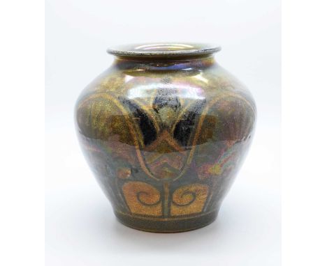 Pilkington Royal Lancastrian lustre vase, of shouldered ovoid form, decorated by Richard Joyce with stylised tulips and carna