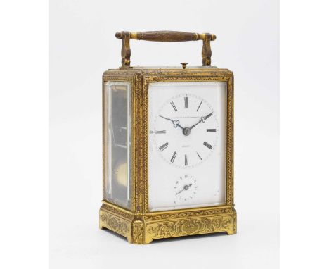 Mid 19th Century Aubert &amp; Klaftenberger (Geneve) engraved brass repeater carriage clock with alarm, inscribed white Roman