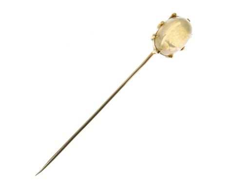 Opal stickpin, the cabochon approximately 14mm x 9.6mm x 6.4mm deep