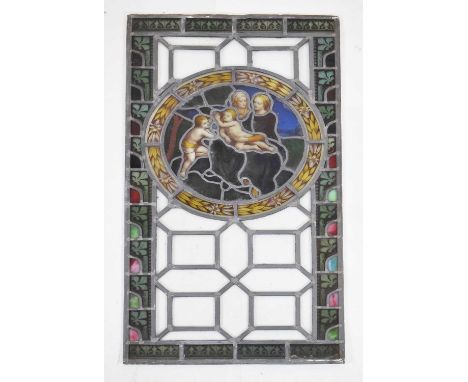 Late Victorian leaded stained glass panel, of rectangular form, the central pictoral roundel within laurel wreath border and 