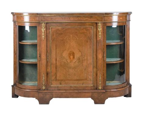 Late 19th Century inlaid walnut breakfront credenza, the figured top over boxwood and ebony stringing and inlaid foliate scro