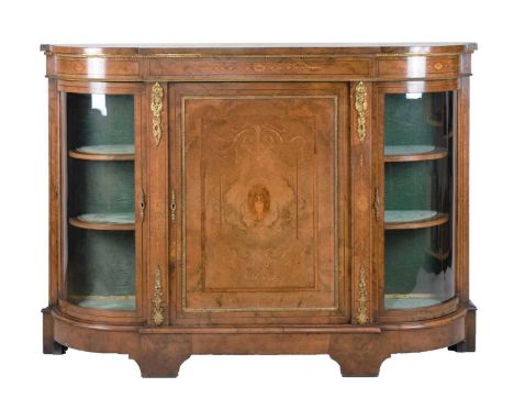 Late 19th Century inlaid walnut breakfront credenza, the figured top over boxwood and ebony stringing and inlaid foliate scro