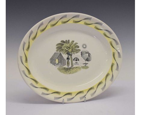 Eric Ravilious for Wedgwood, oval serving plate printed and painted in the 'Garden' pattern, printed and painted factory mark