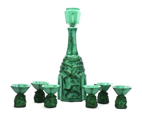 Art Deco malachite glass liqueur set attributed to Carl Schlevogt, comprising decanter and six glasses, the decanter moulded 