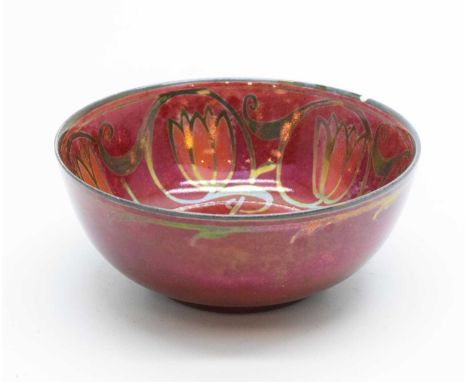 Pilkingtons Royal Lancastrian flambé and silver lustre bowl painted with stylised floral design by W S Mycock, painted monogr