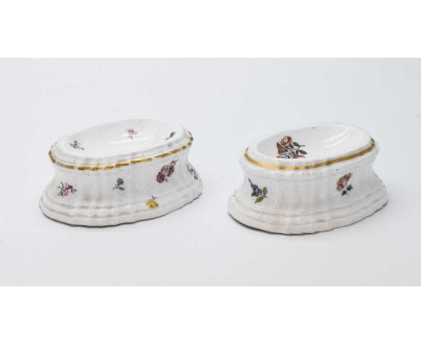 Pair of late 19th Century Meissen porcelain oval trencher salts, osier moulded concave sides and top painted with Deutsche bl