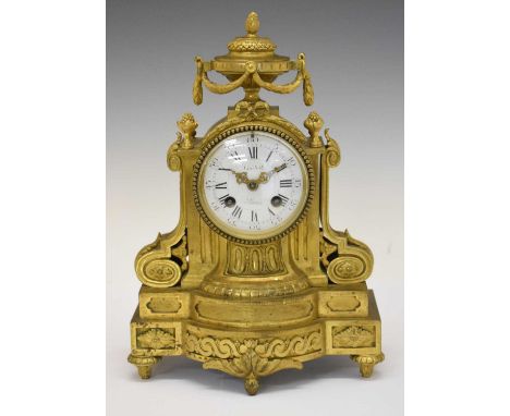 19th Century French brass and ormolu mantel clock with urn finial, Japy Freres &amp; Cie, retailed by Guibal a Paris, 3-inch 