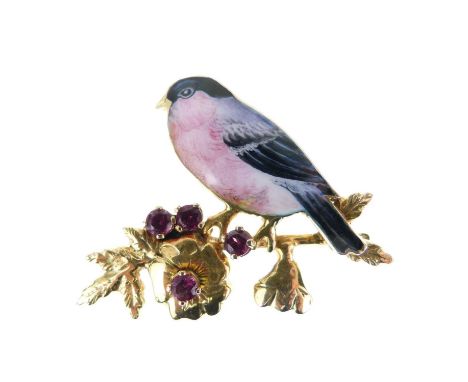 Alabaster &amp; Wilson 9ct gold, enamel and ruby set brooch, 3.1cm x 3.9cm, 9.5g gross approx