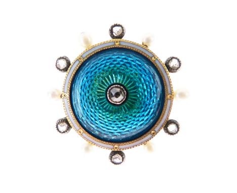 Child &amp; Child - Diamond, pearl and enamel pendant brooch, of circular outline, the central small old brilliant cut to a b