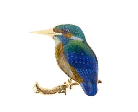 Alabaster &amp; Wilson 9ct gold and enamel kingfisher brooch, approximately 2.5cm x 2.5cm, 6.1g gross approx