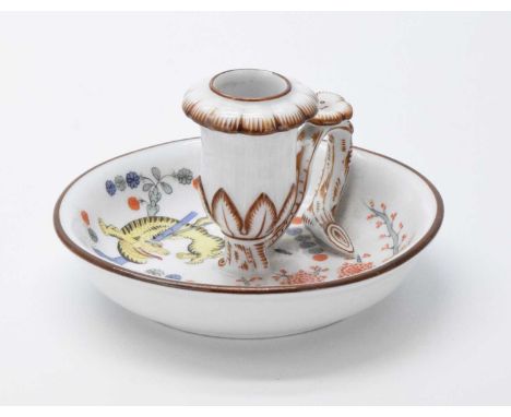 19th Century Meissen yellow ground chamber candlestick painted in a Kakiemon palette with floral decoration within brown line
