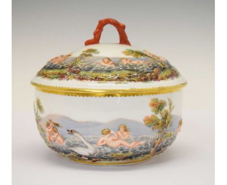 19th Century Meissen bowl and cover, modelled con basso-relievo with classical figures and amorini in sea foam, 15cm diameter