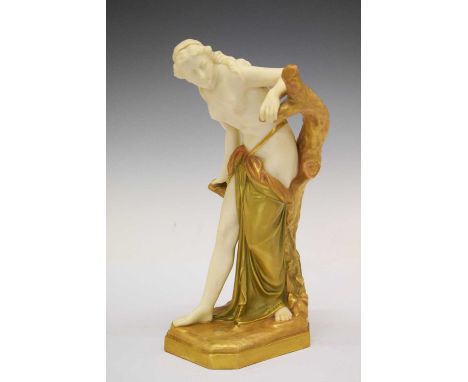 Royal Worcester gilded ivory and shot silk figure, Bather Surprised, after Sir Thomas Brock, modelled as a classical figure a