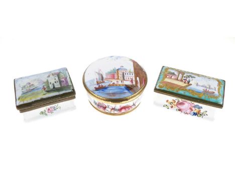 Two 18th Century South Staffordshire enamel boxes, to include a rectangular example, the cover painted with classical buildin