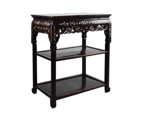 Early 20th Century Chinese hardwood and mother-of-pearl inlaid three-tier occasional table, the rectangular top with inset pi