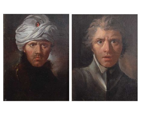Attributed to Thomas Barker of Bath (1769-1847), Pair of oils on panel - 'Scorn' portrait of a man wearing a turban and 'Frig