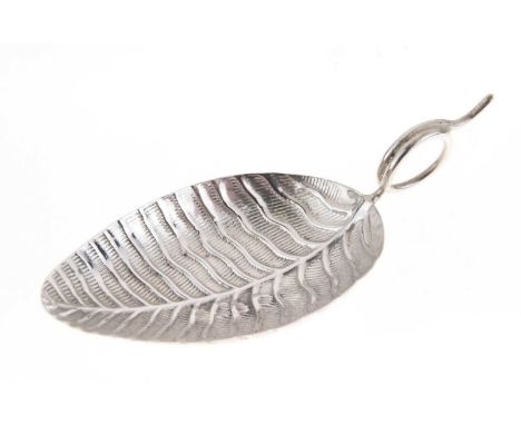 George III silver caddy spoon with leaf shaped bowl and looped tendril handle, Birmingham 1802, sponsors mark IT, 7.3cm long,