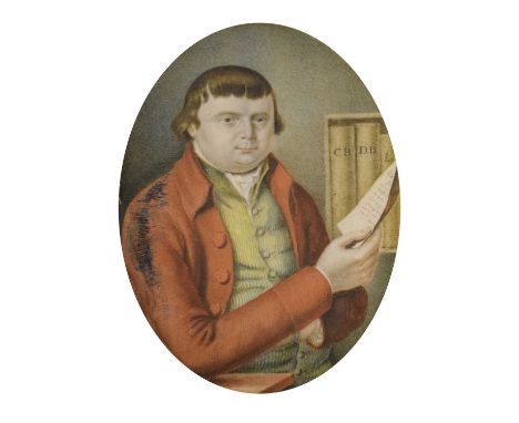 George III miniature portrait on ivory of a gentleman, the portly figure depicting half-length, dressed in red jacket and but