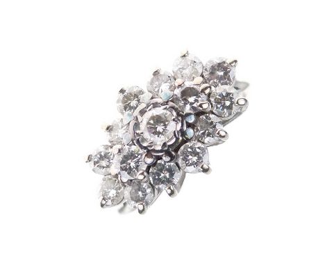 Fifteen-stone diamond cluster ring, in 18ct white gold, worn hallmark, the brilliant cuts totalling approximately 0.96ct, siz