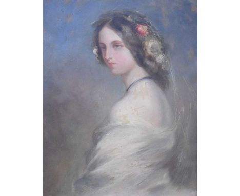 Mid 19th Century Continental School - Oil on panel - Portrait of a young woman with flowers in her hair, 40cm x 31cm, in rich