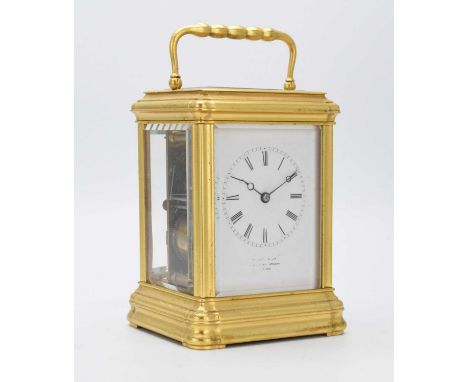 Late 19th Century French brass gorge cased carriage clock, white Roman dial with Breguet moon hands, inscribed beneath '*****