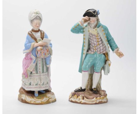 Pair of 19th century Meissen figure, ‘the Race Goer and his Companion’, after Michel Victor Acier, he modelled holding a tele