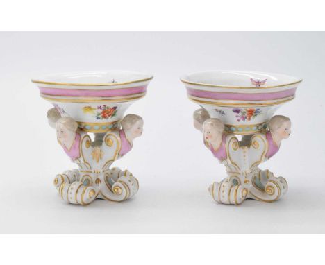 Pair of late 19th or early 20th Century Meissen oval salts, each painted and gilded with insects and floral sprays, raised on