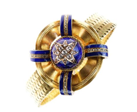 Victorian diamond set bracelet, unmarked, the domed centre with a diamond set star burst to a blue enamel ground, with simila