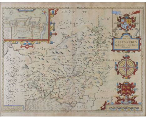 John Speed, 17th Century hand-coloured engraved map of Carmarthenshire: Caermarden Both Shyre and Towne described Anno Domini