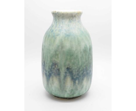 William Howson Taylor for Ruskin Pottery, souffle glaze vase circa 1930, shouldered cylindrical form with graduated mottled g