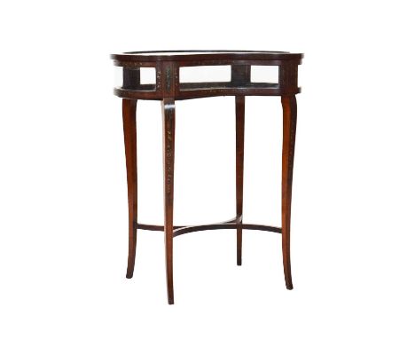 Edwardian painted mahogany vitrine or bijouterie table, the hinged kidney shape top with glazed panel and sides raised on sle